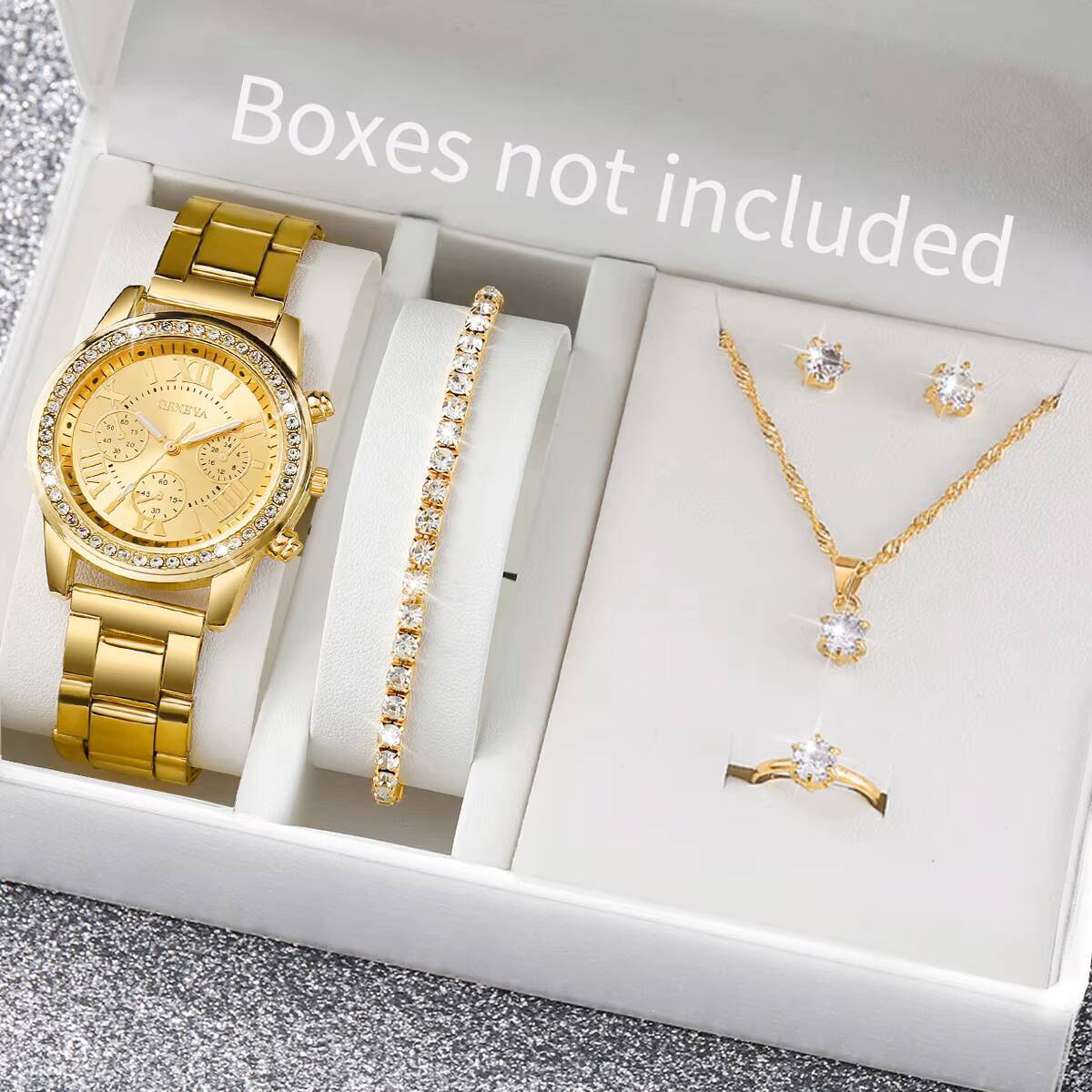 Ladies Fashion Watch - 6 ชิ้น/เซ็ตแฟชั่นไรน์สโตนนาฬิกาผู้หญิงนาฬิกาข้อมือควอตซ์แบบแอนะล็อกชุดเครื่องประดับเรลิโอ เฟมินีโน(ไม่มีกล่อง)
