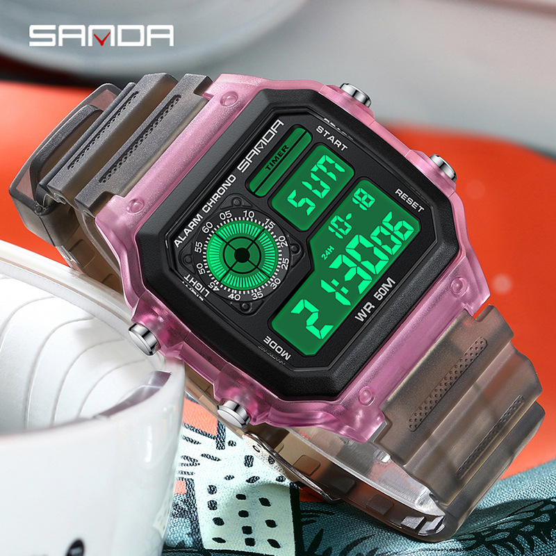 Ladies Fashion Watch - นาฬิกาแฟชั่น Sanda แบรนด์ชั้นนำ ระบบดิจิตอล LED พร้อมฟังก์ชันจับเวลา