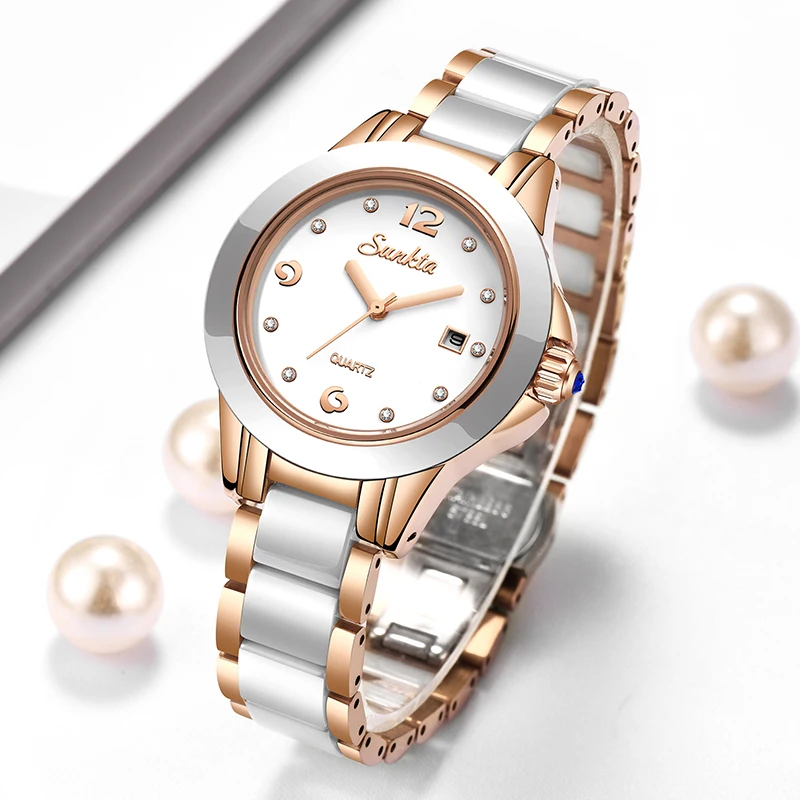 Ladies Fashion Watch - ซุนก้าต้าแฟชั่นนาฬิกาควอทซ์ผู้หญิงลำลองหรูหราเซรามิคเพชรปฏิทินกันน้ำสุภาพสตรีนาฬิกาผู้หญิงมงเตร เฟมม์