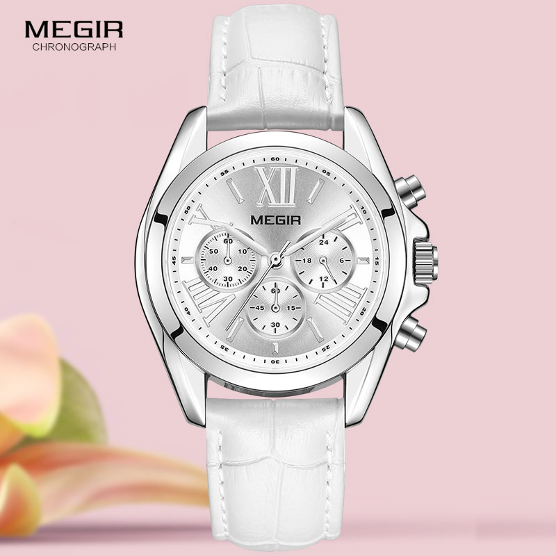 Minimalist Thin Watch - MEGIR2019 ใหม่หรูหราหนังนาฬิกาผู้หญิงหญิงTOPยี่ห้อChronographควอตซ์นาฬิกาข้อมือผู้หญิงRelogios Femininosนาฬิกา 2114 สีขาว