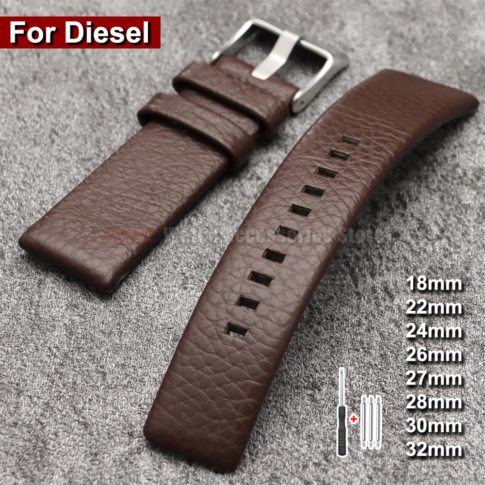 Diesel Watches Smartwatch - 18/22/24/26/27/28/30/32 มม. สายนาฬิกาหนังลิ้นจี่แท้สำหรับนาฬิกาดีเซล ฟรายเดย์ ซีรีส์ Dz4323/4318/4329