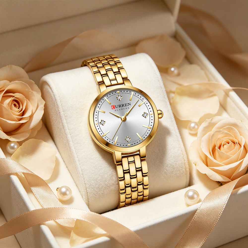 Minimalist Thin Watch - CURREN นาฬิกาข้อมือผู้หญิงสไตล์มินิมอลบางเฉียบ ประดับด้วยเพชรระยิบระยับ หรูหรา นาฬิกาควอตซ์ ของขวัญสำหรับเธอ